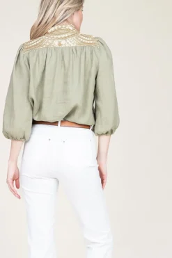 New Greek Archaic Kori Cotton Blouse With Embroidery Sofi | Green... | | Little Soho