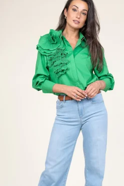 Online Copenhagen Muse Cotton Blouse With Roset Pleat | Green... | | Little Soho