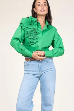 Online Copenhagen Muse Cotton Blouse With Roset Pleat | Green... | | Little Soho