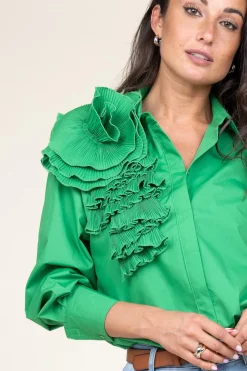 Online Copenhagen Muse Cotton Blouse With Roset Pleat | Green... | | Little Soho