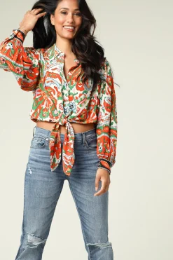 Best ba&sh Cropped Retro Print Blouse Martha | Orange... | | Little Soho
