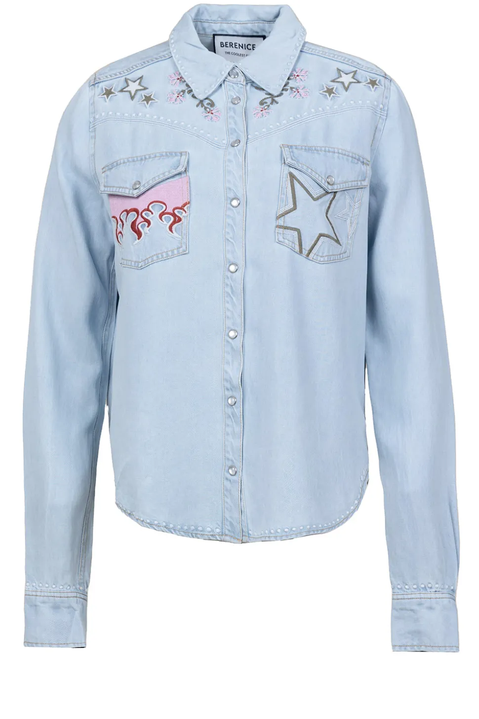 New Berenice Denim Blouse With Embroidery Cabana Flamme | Blue... | | Little Soho
