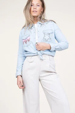 New Berenice Denim Blouse With Embroidery Cabana Flamme | Blue... | | Little Soho