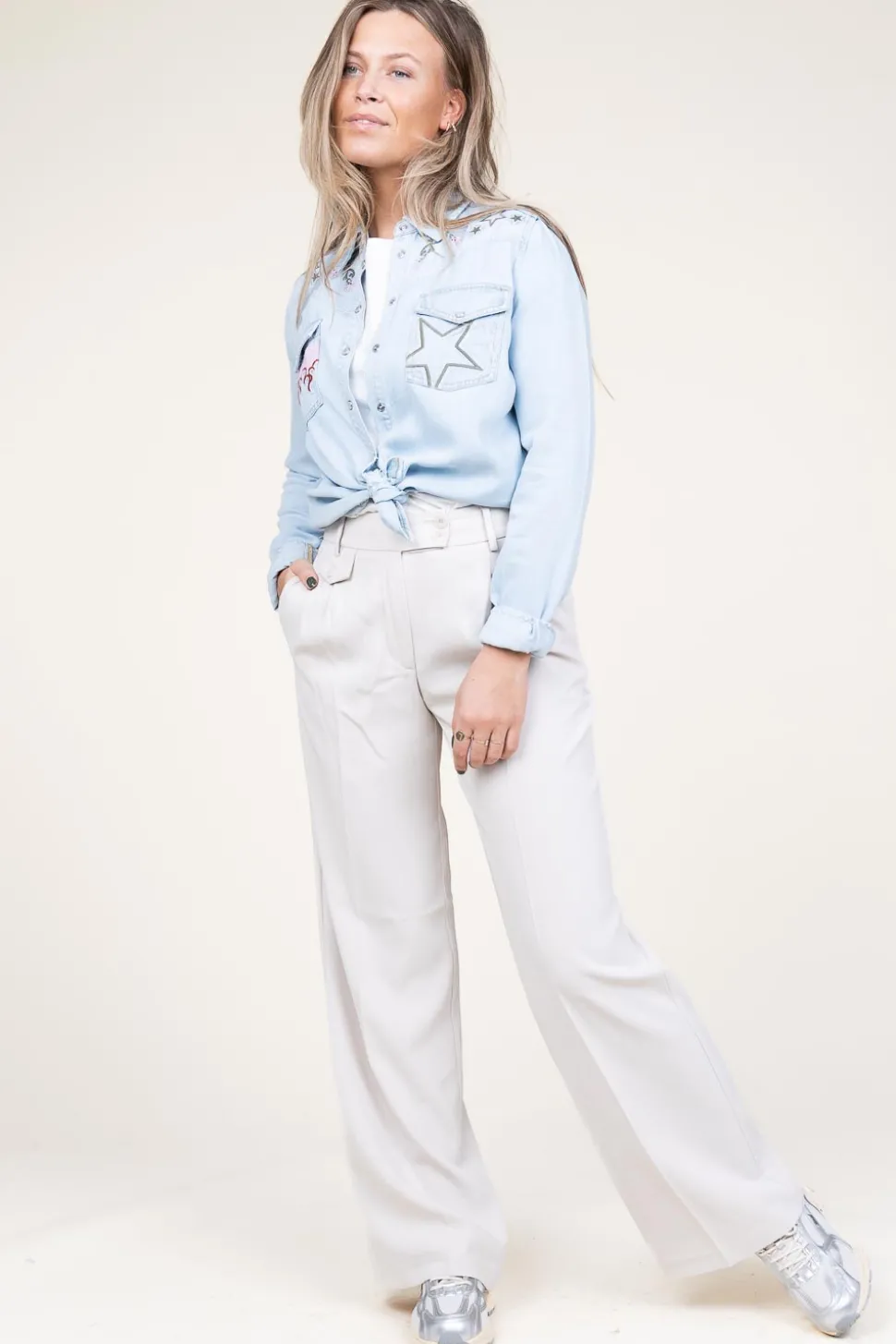 New Berenice Denim Blouse With Embroidery Cabana Flamme | Blue... | | Little Soho