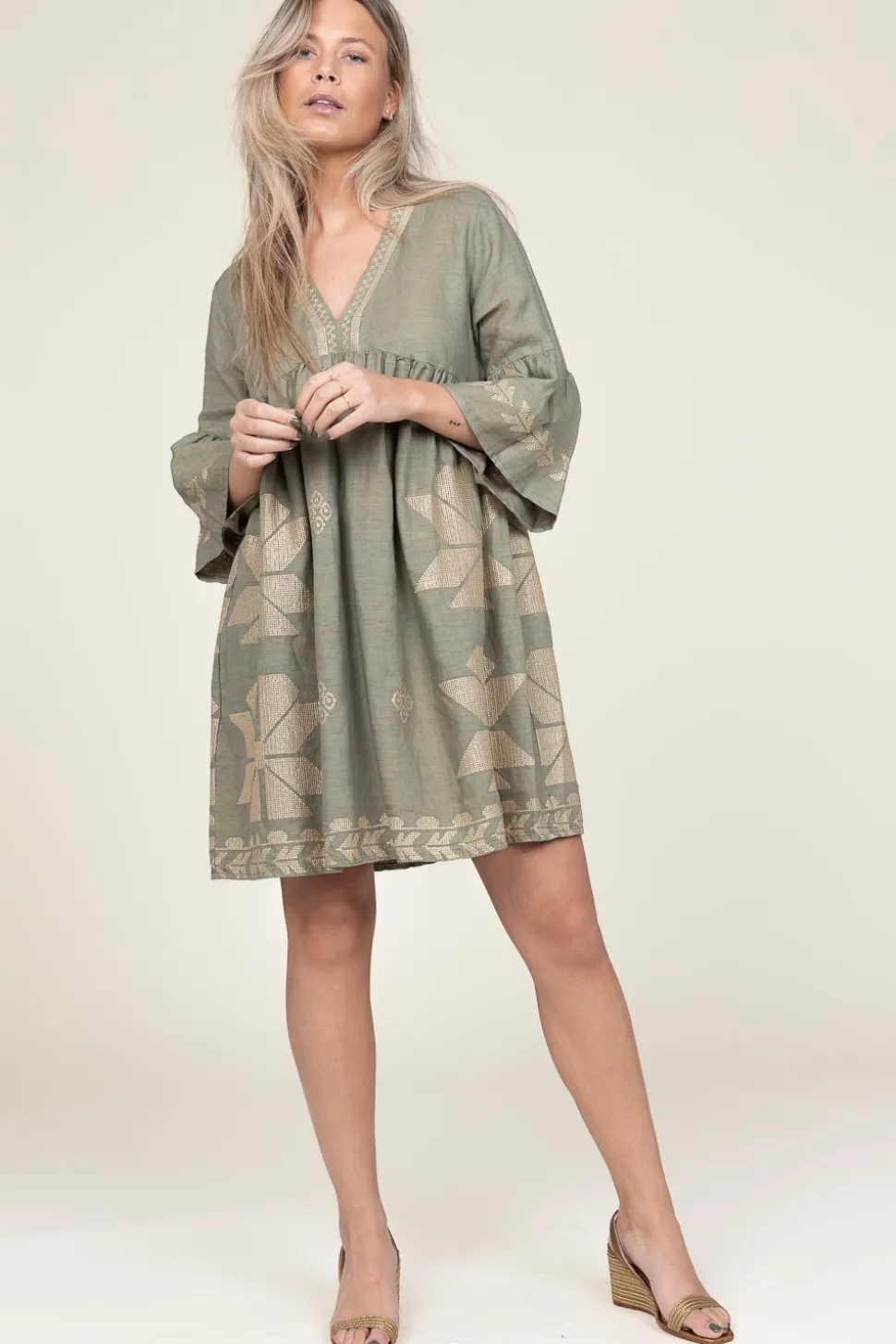 Best Greek Archaic Kori Dress With Gold Colored Embroidery Alena | Green... | | Little Soho