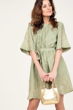 Clearance Greek Archaic Kori Dress With Labyrinth Embroidery Zoe | Green... | | Little Soho