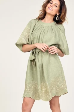Clearance Greek Archaic Kori Dress With Labyrinth Embroidery Zoe | Green... | | Little Soho