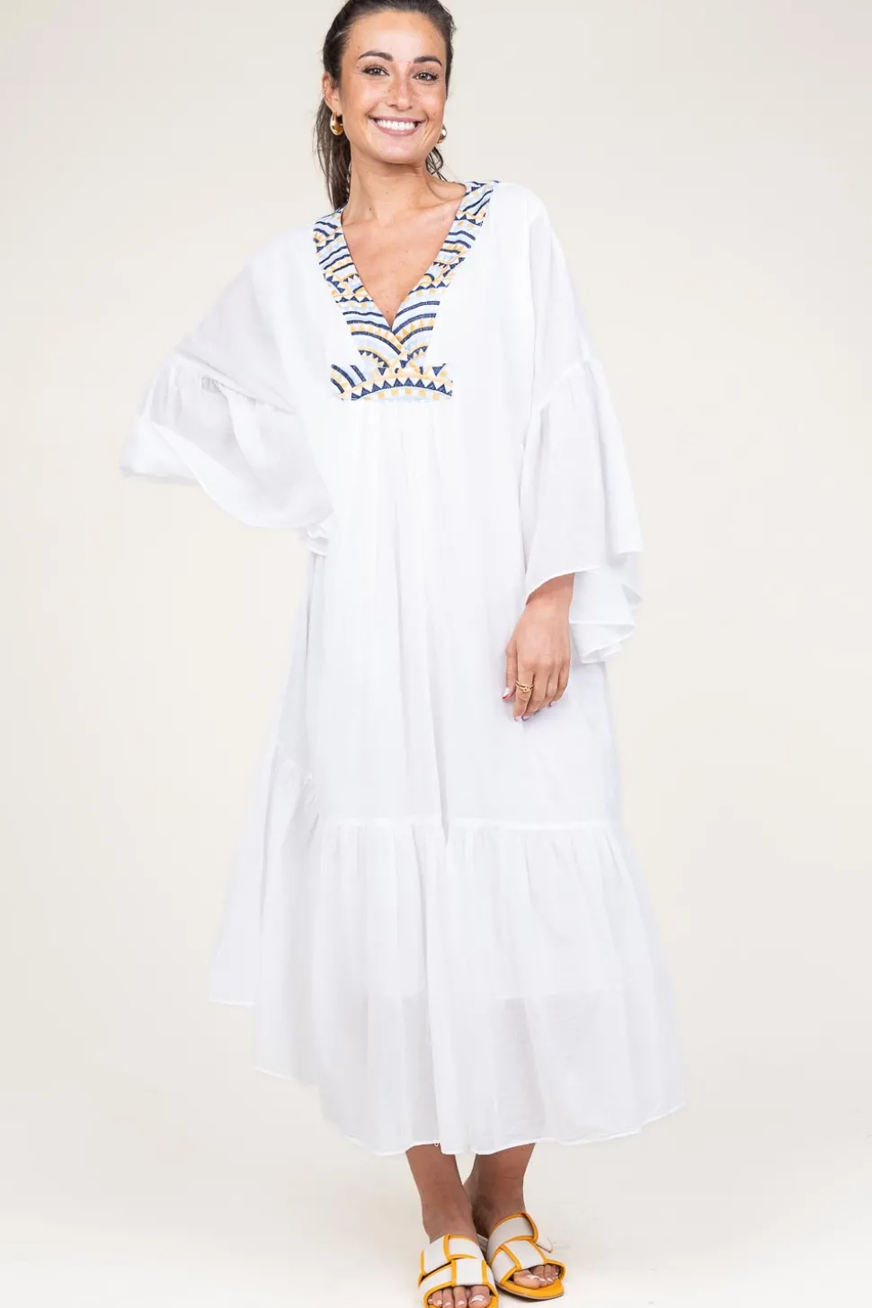 Hot Greek Archaic Kori Flowy Embroidered Maxi Dress Ireen | White... | | Little Soho