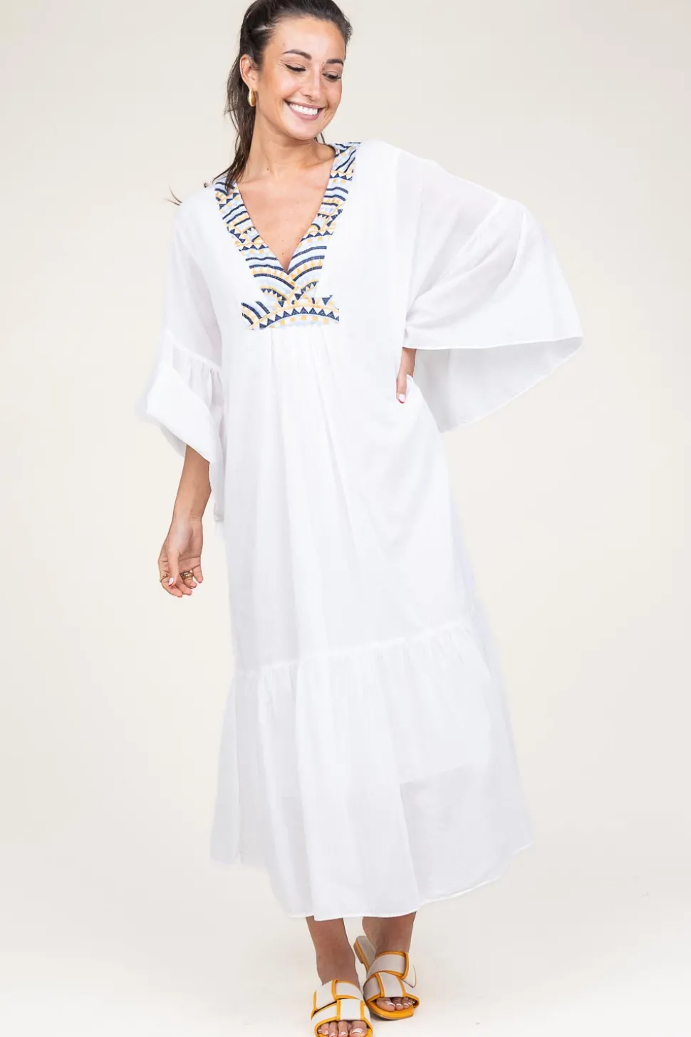 Hot Greek Archaic Kori Flowy Embroidered Maxi Dress Ireen | White... | | Little Soho