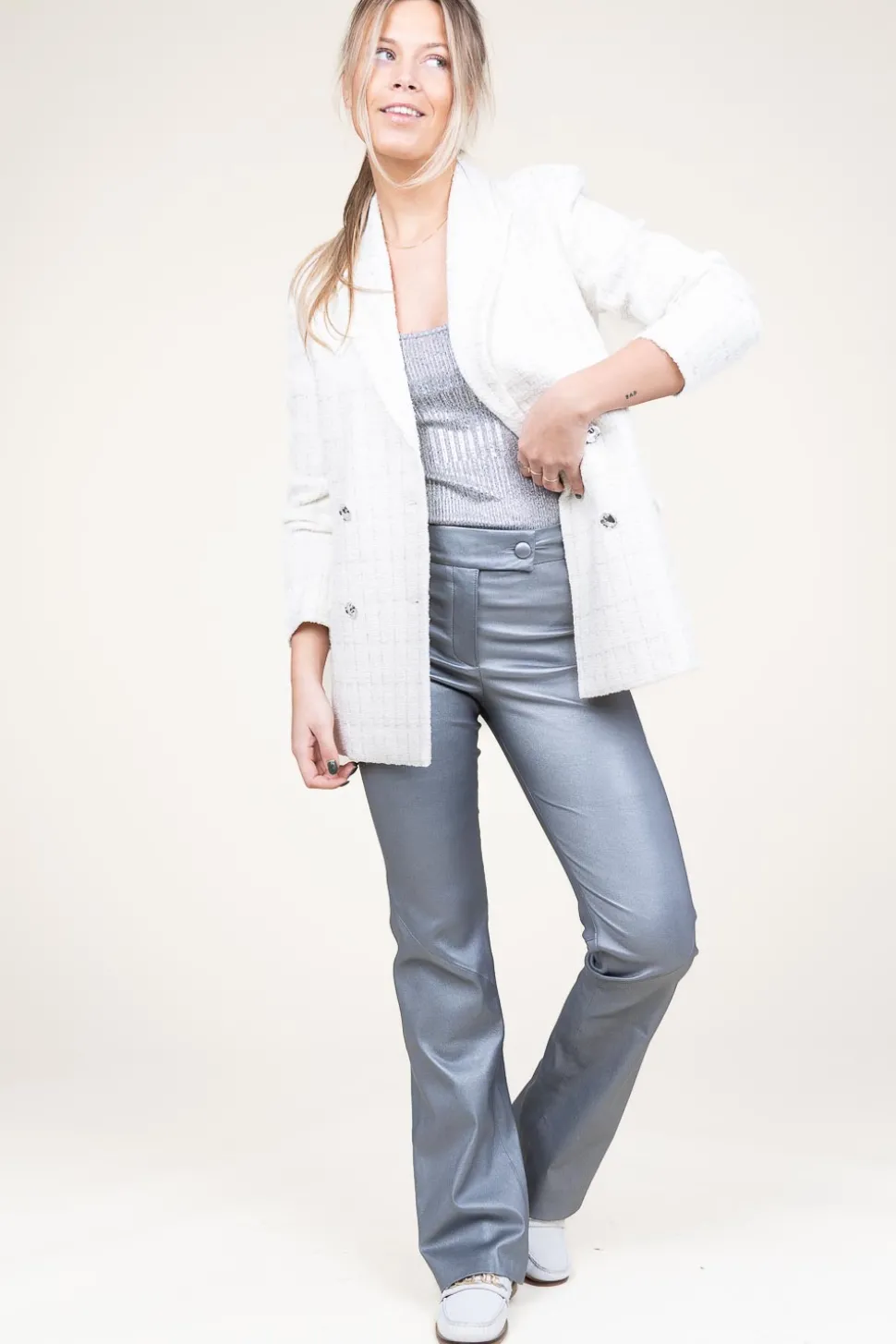 Discount STUDIO AR Leather Stretch Flared Pants Jaela | Silver... | | Little Soho