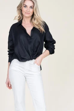 Fashion Greek Archaic Kori Linen Blouse With Tie Detail Marlin | Black... | | Little Soho