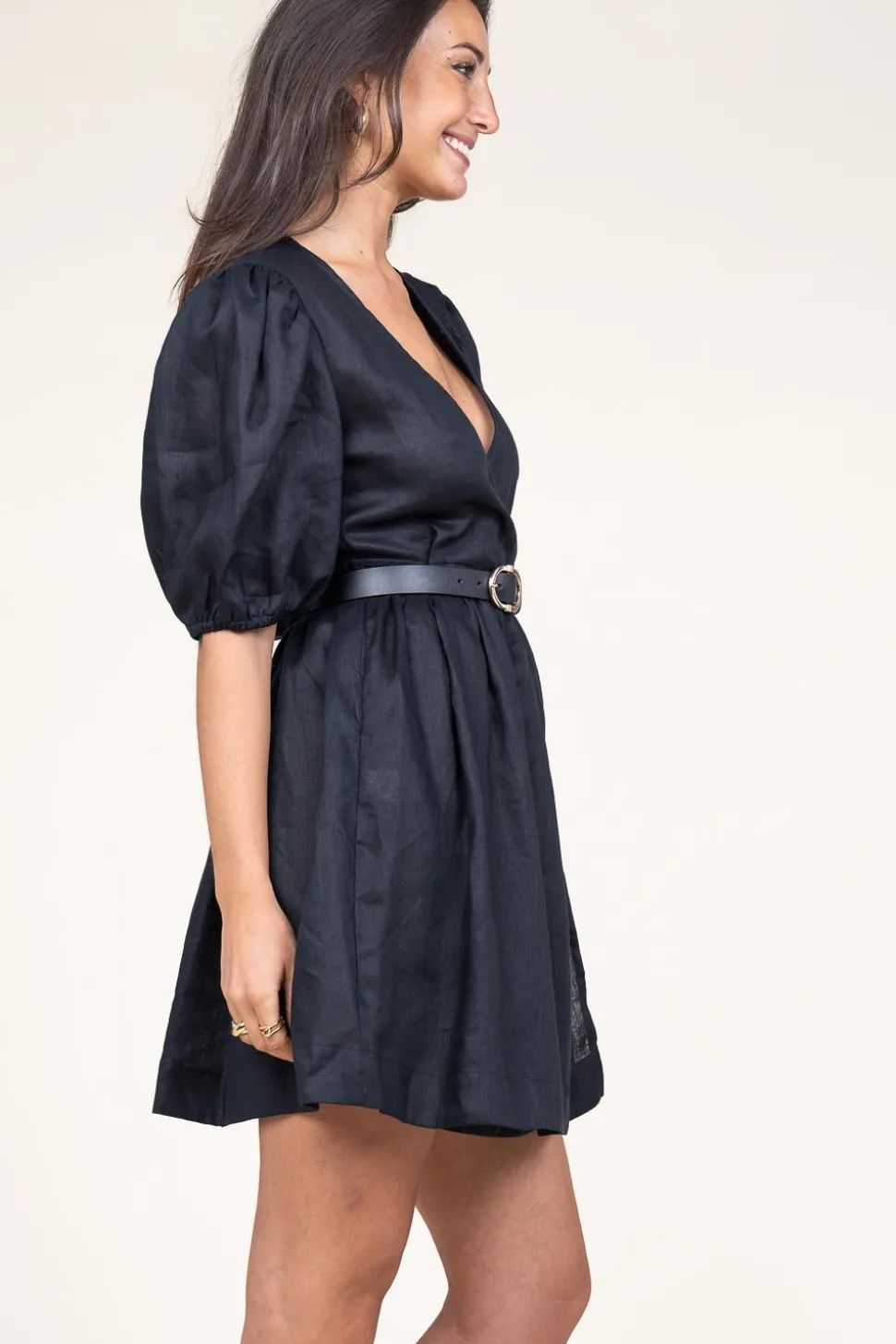 Cheap Greek Archaic Kori Linen Dress With Puffed Sleeves Jill | Black... | | Little Soho