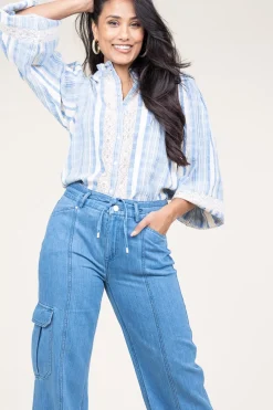 New Stella Forest Linen Mix Blouse With Puffed Sleeves Fiorella | Blue... | | Little Soho