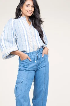 New Stella Forest Linen Mix Blouse With Puffed Sleeves Fiorella | Blue... | | Little Soho