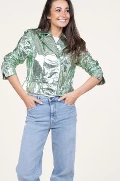 New Dante 6 Metallic Leather Biker Jacket Kravitz | Green... | | Little Soho