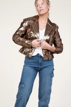 Hot Dante 6 Metallic Leather Biker Jacket Kravitz | Brown... | | Little Soho