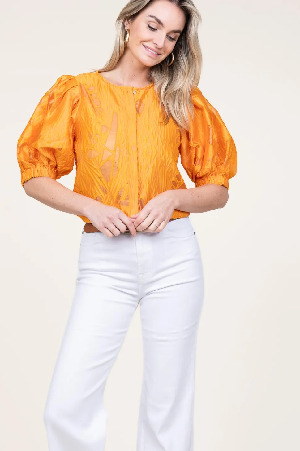 Online Copenhagen Muse Shiny Flockprint Blouse Baloon | Orange... | | Little Soho