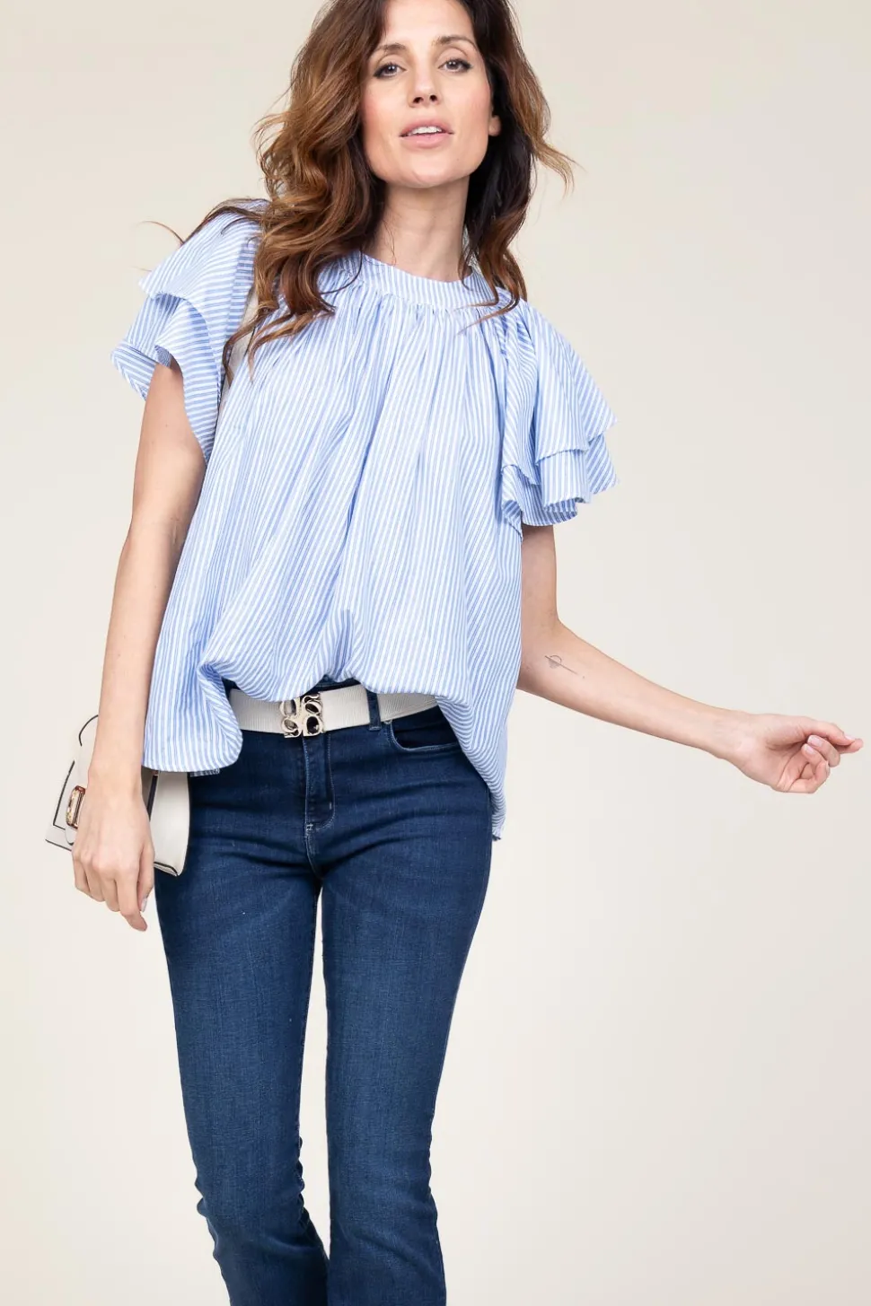 Discount Ibana Striped Top With Ruffle Sleeves Truff | Blue... | | Little Soho