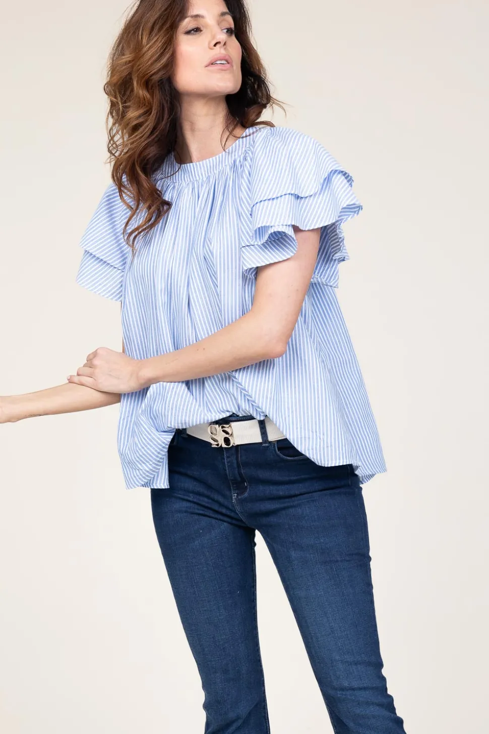 Discount Ibana Striped Top With Ruffle Sleeves Truff | Blue... | | Little Soho