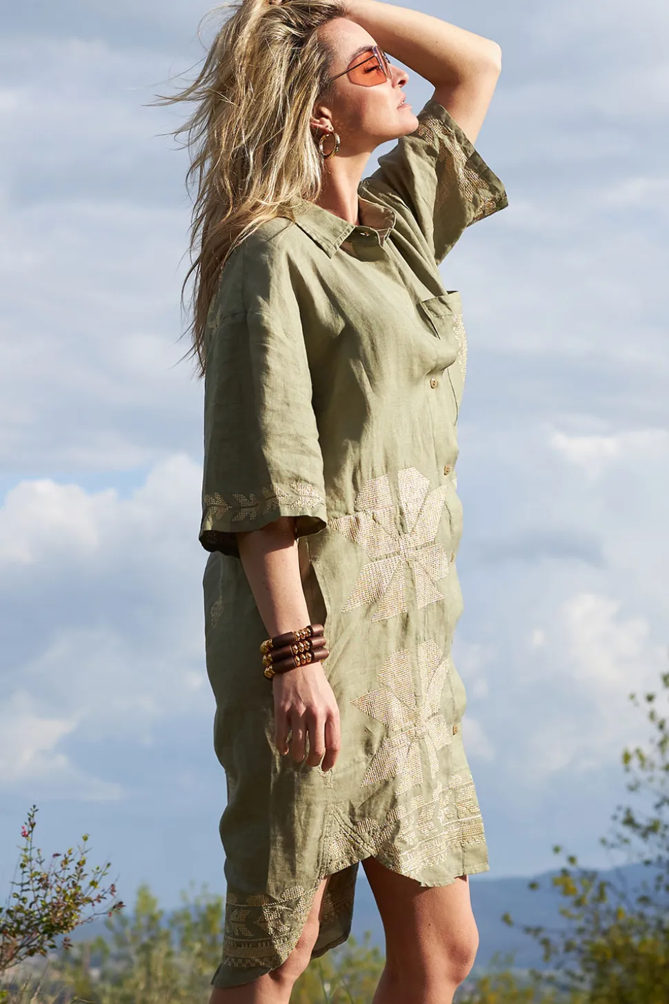 Cheap Greek Archaic Kori Tunic With Gold Colored Embroidery Livy | Green... | | Little Soho
