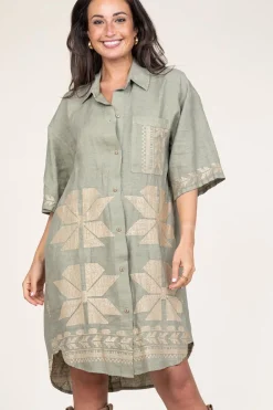 Cheap Greek Archaic Kori Tunic With Gold Colored Embroidery Livy | Green... | | Little Soho