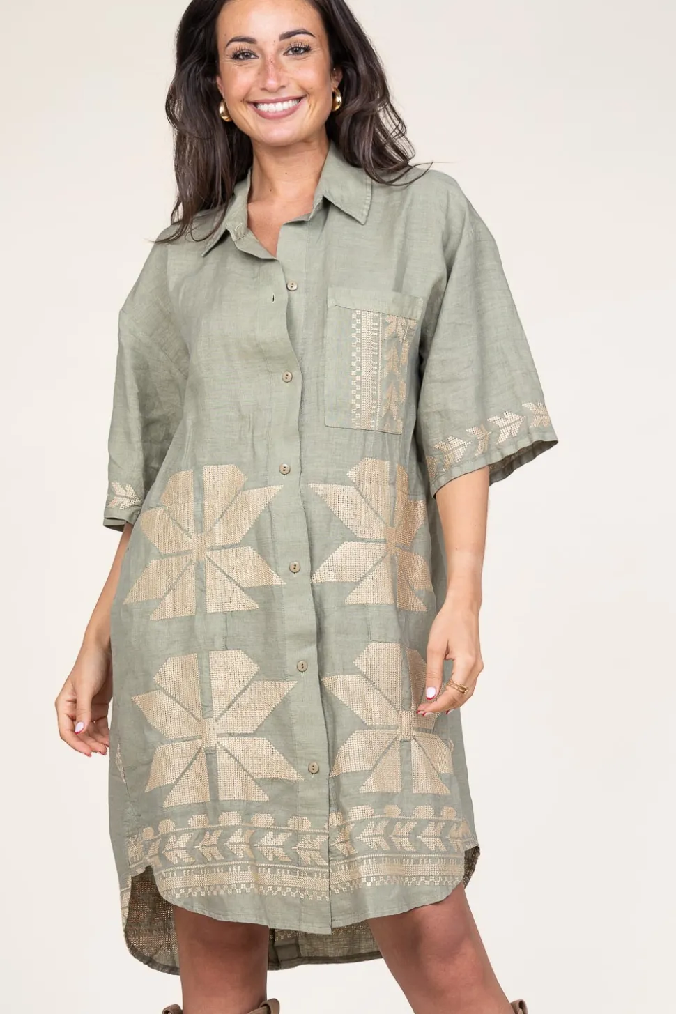 Cheap Greek Archaic Kori Tunic With Gold Colored Embroidery Livy | Green... | | Little Soho