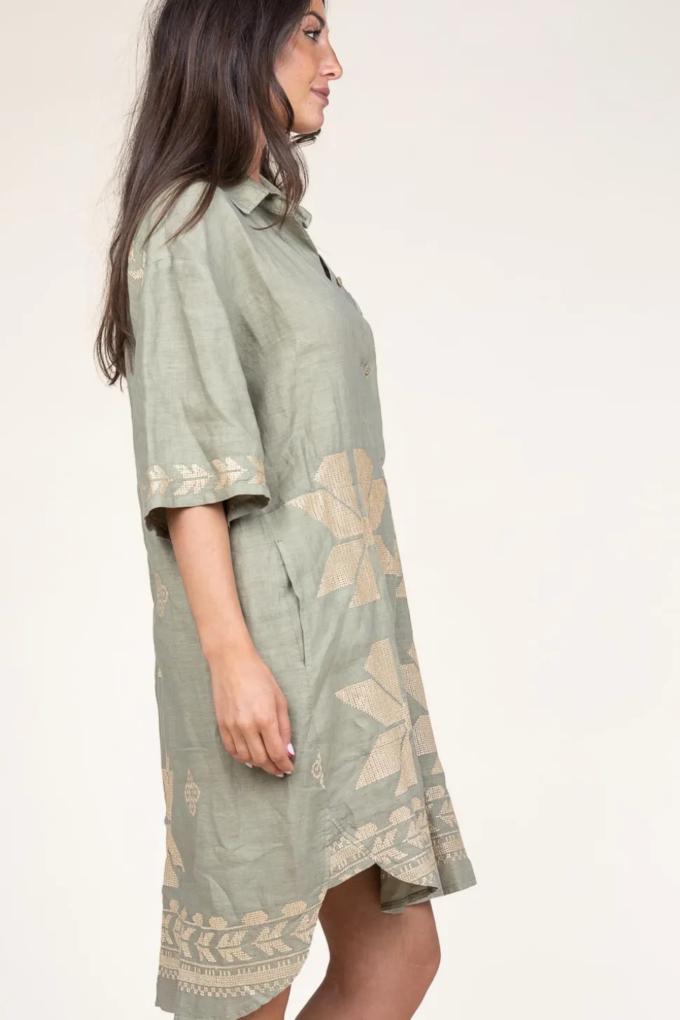 Cheap Greek Archaic Kori Tunic With Gold Colored Embroidery Livy | Green... | | Little Soho